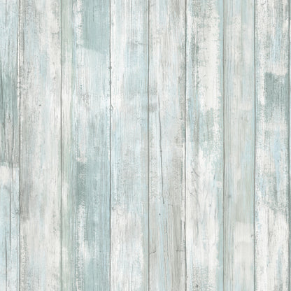 Weathered vertical wooden planks in pale blue-gray with whitewash, rustic coastal backdrop.