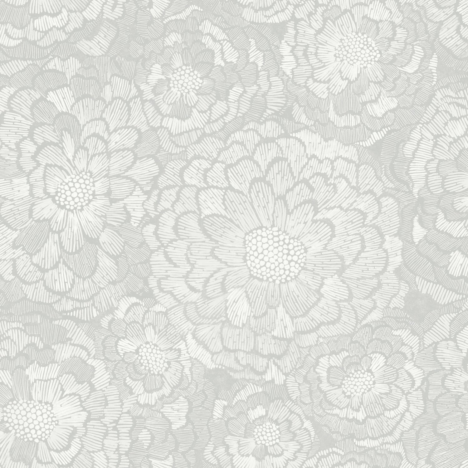Grey lace floral pattern with large rosettes on a light backdrop; wallpaper texture.