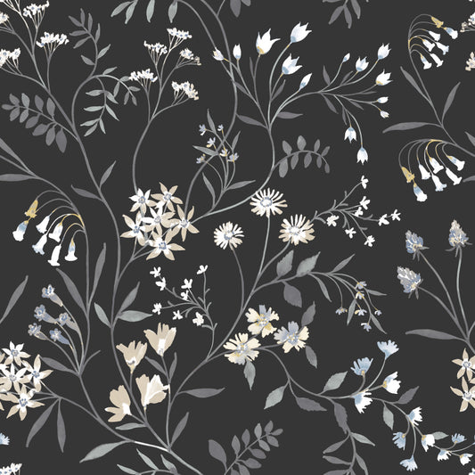 York Wallcoverings RoomMates Meadow Mix Black Peel and Stick Wallpaper Whimsical Botanical Whites and Off-Whites  Wallpaper - RMK12179PLW