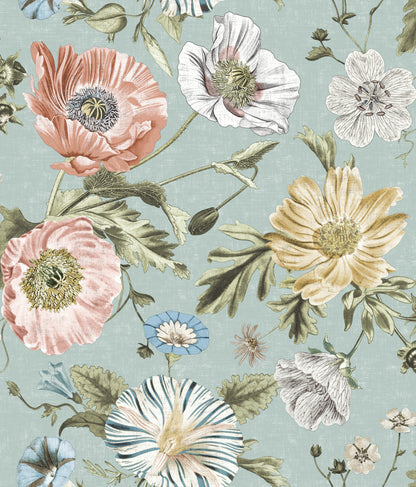 York Wallcoverings RoomMates Vintage Poppy Blue Peel and Stick Wallpaper Vintage Botanical Blues  Wallpaper - RMK12282PL