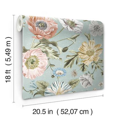 York Wallcoverings RoomMates Vintage Poppy Blue Peel and Stick Wallpaper Vintage Botanical Blues  Wallpaper - RMK12282PL