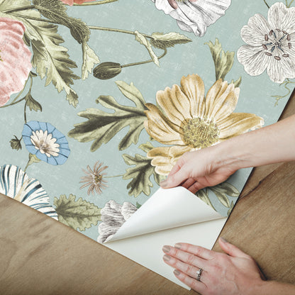 York Wallcoverings RoomMates Vintage Poppy Blue Peel and Stick Wallpaper Vintage Botanical Blues  Wallpaper - RMK12282PL