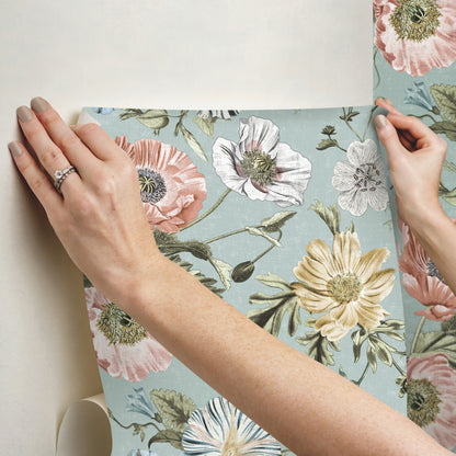 York Wallcoverings RoomMates Vintage Poppy Blue Peel and Stick Wallpaper Vintage Botanical Blues  Wallpaper - RMK12282PL