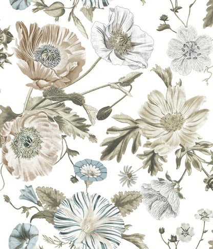 York Wallcoverings RoomMates Vintage Poppy White Peel and Stick Wallpaper Vintage Botanical Whites and Off-Whites  Wallpaper - RMK12285PL