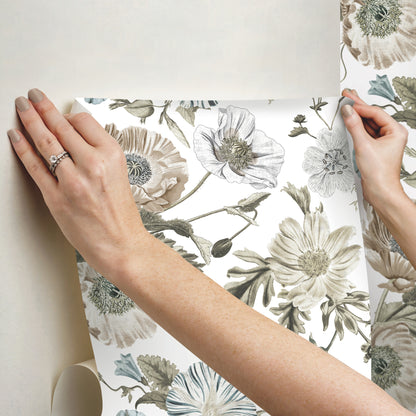 York Wallcoverings RoomMates Vintage Poppy White Peel and Stick Wallpaper Vintage Botanical Whites and Off-Whites  Wallpaper - RMK12285PL