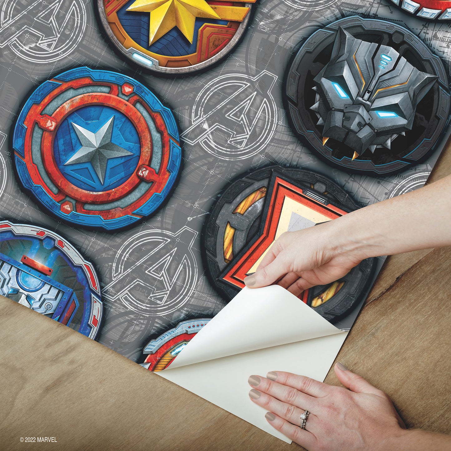 York Wallcoverings RoomMates Avengers Emblems Peel and Stick Wallpaper  Licensed Multicolor  Wallpaper - RMK12311RL