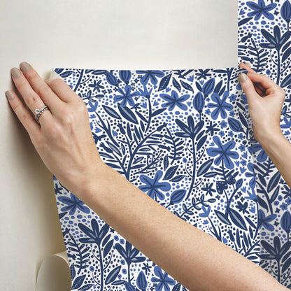 York Wallcoverings RoomMates Cat Coquillette Porcelain Garden Blue Peel and Stick Wallpaper  Botanical Blues  Wallpaper - RMK12382PLW