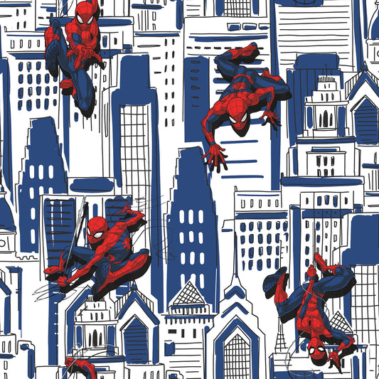 York Wallcoverings RoomMates Spider-Man Cityscape Blue Peel and Stick Wallpaper  Licensed Blues  Wallpaper - RMK12459RL