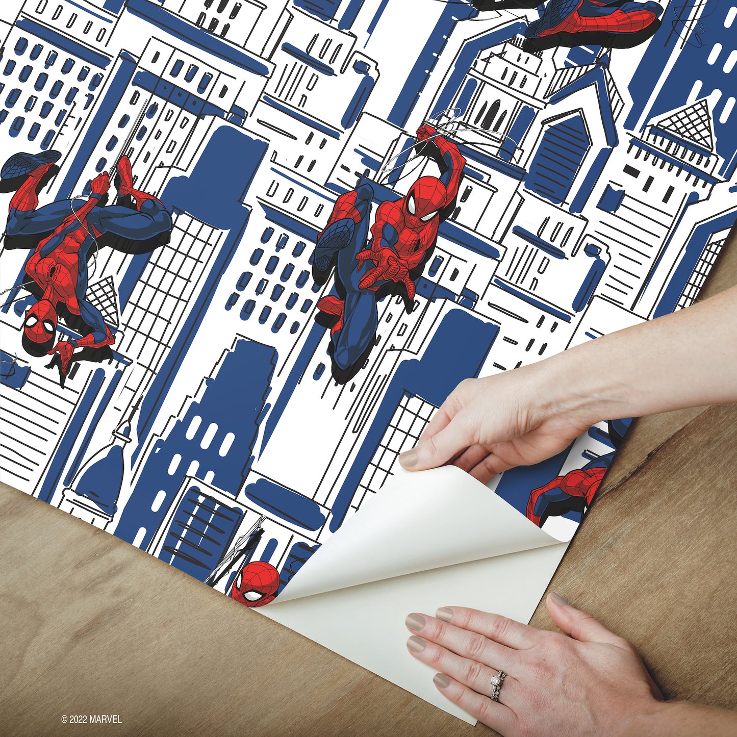 York Wallcoverings RoomMates Spider-Man Cityscape Blue Peel and Stick Wallpaper  Licensed Blues  Wallpaper - RMK12459RL