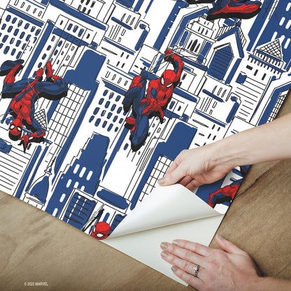 York Wallcoverings RoomMates Spider-Man Cityscape Blue Peel and Stick Wallpaper  Licensed Blues  Wallpaper - RMK12459RL