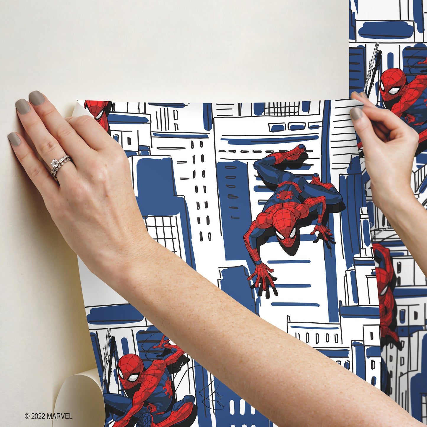 York Wallcoverings RoomMates Spider-Man Cityscape Blue Peel and Stick Wallpaper  Licensed Blues  Wallpaper - RMK12459RL