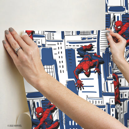 York Wallcoverings RoomMates Spider-Man Cityscape Blue Peel and Stick Wallpaper  Licensed Blues  Wallpaper - RMK12459RL