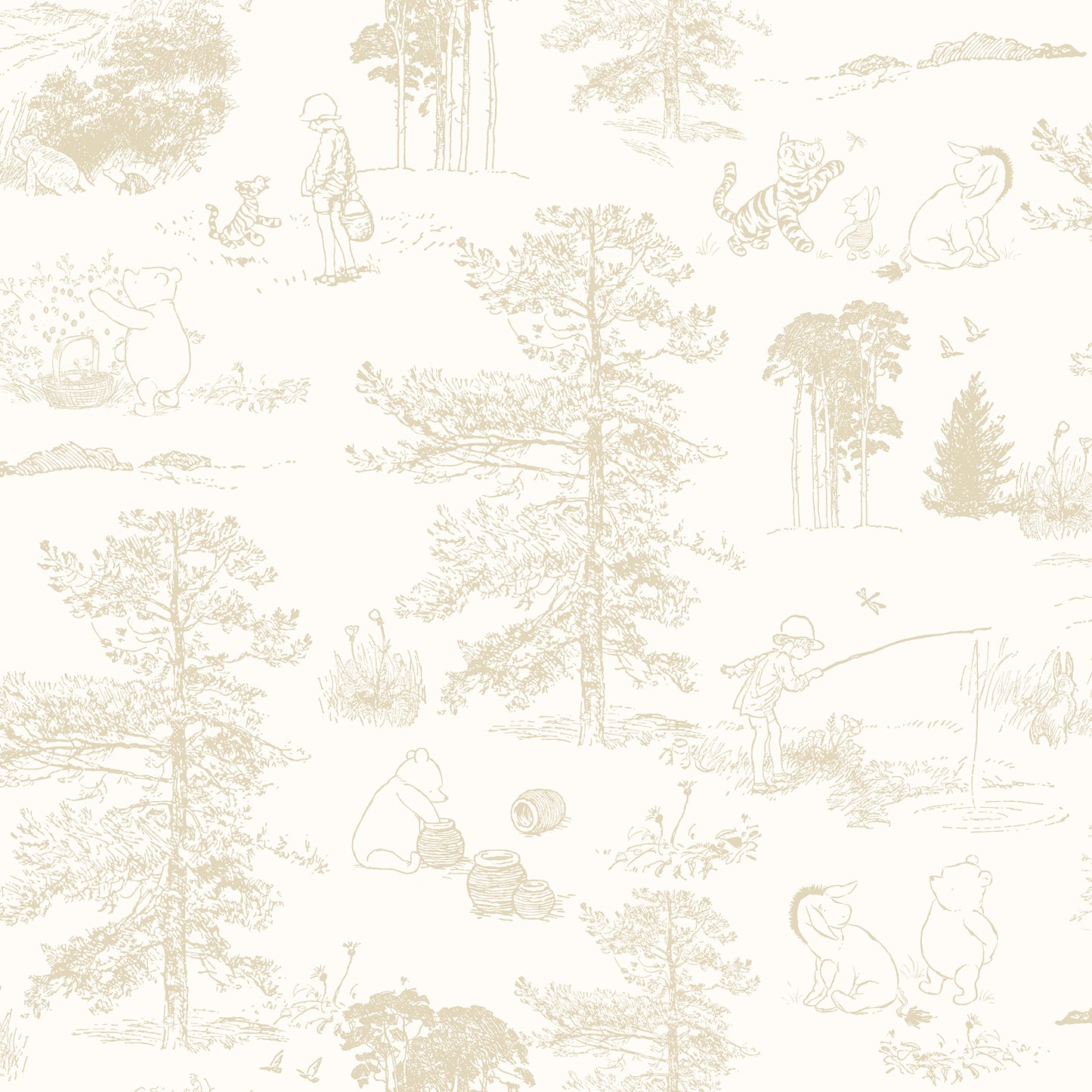 York Wallcoverings RoomMates Winnie The Pooh Beige Toile Peel and Stick Wallpaper Kids Animals Neutrals  Wallpaper - RMK12622RL