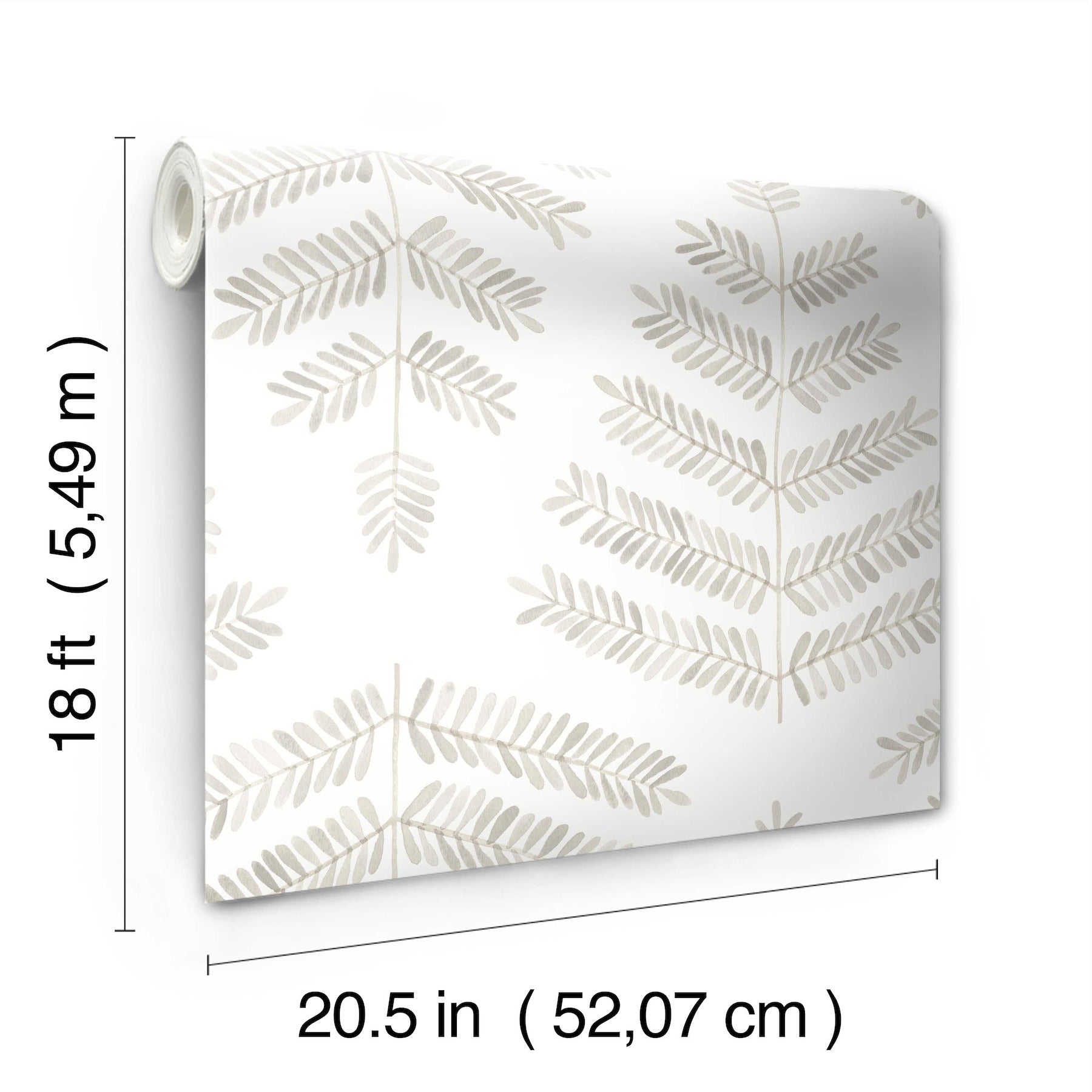 Roll of white wallpaper with light beige fern leaf pattern; botanical style, 18 ft by 20.5 in.