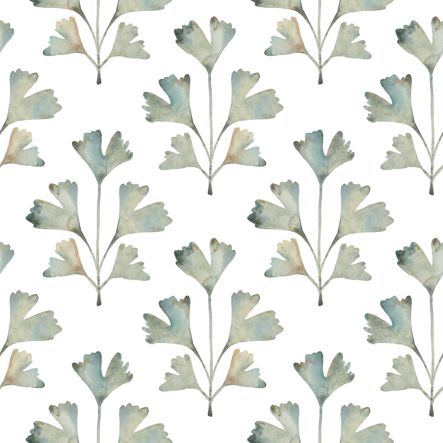 Watercolor leaf botanical pattern in teal, sage and beige tones; repeating wallpaper motif.