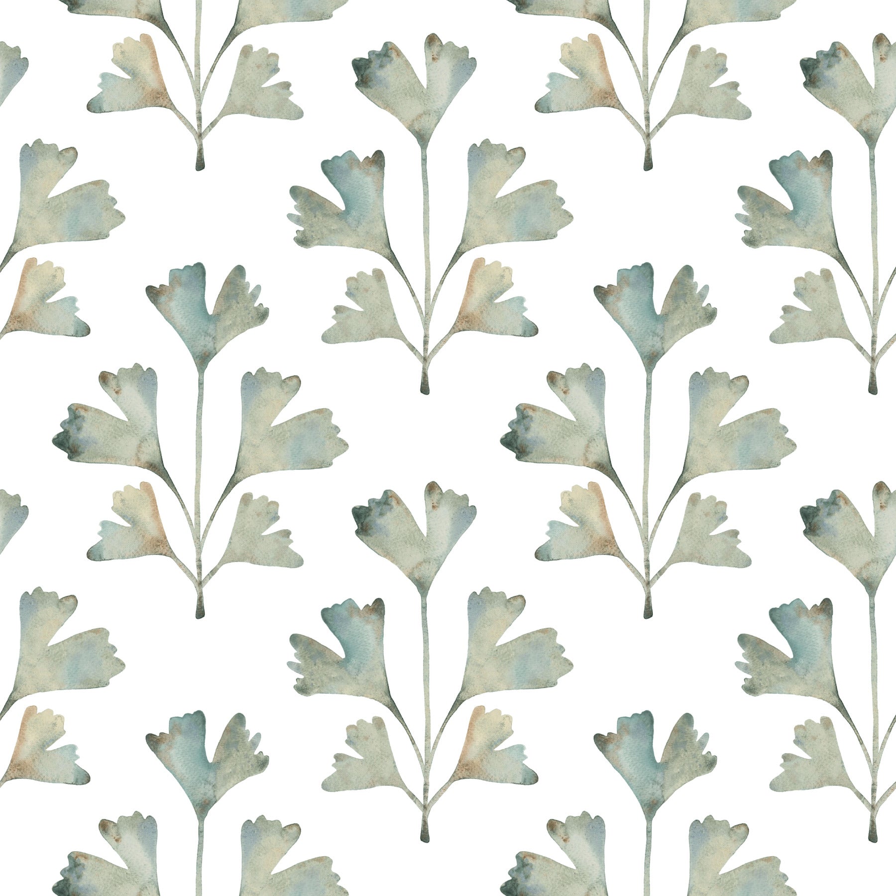 Watercolor leaf botanical pattern in teal, sage and beige tones; repeating wallpaper motif.
