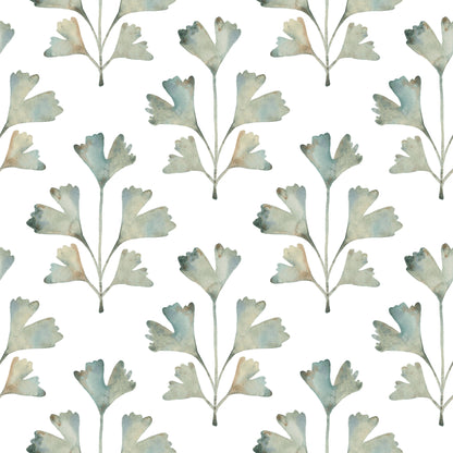 Watercolor leaf botanical pattern in teal, sage and beige tones; repeating wallpaper motif.