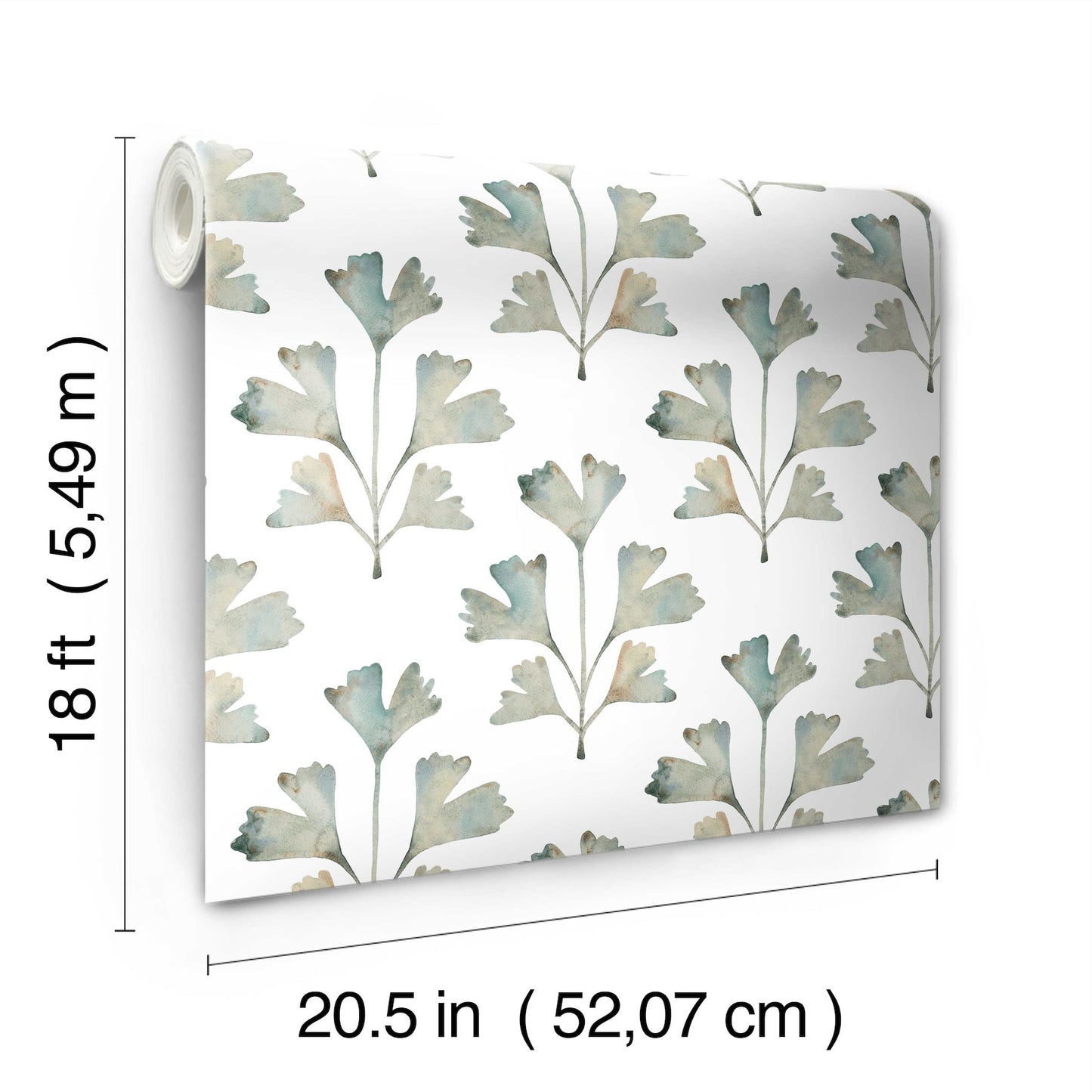 Watercolor botanical leaf wallpaper in blue-green on white, roll showing pattern; 20.5 in wide, 18 ft long.