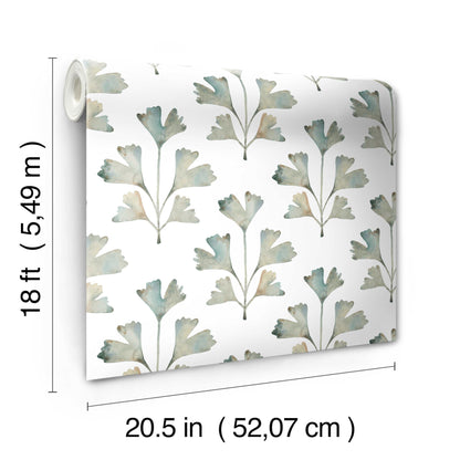 Watercolor botanical leaf wallpaper in blue-green on white, roll showing pattern; 20.5 in wide, 18 ft long.
