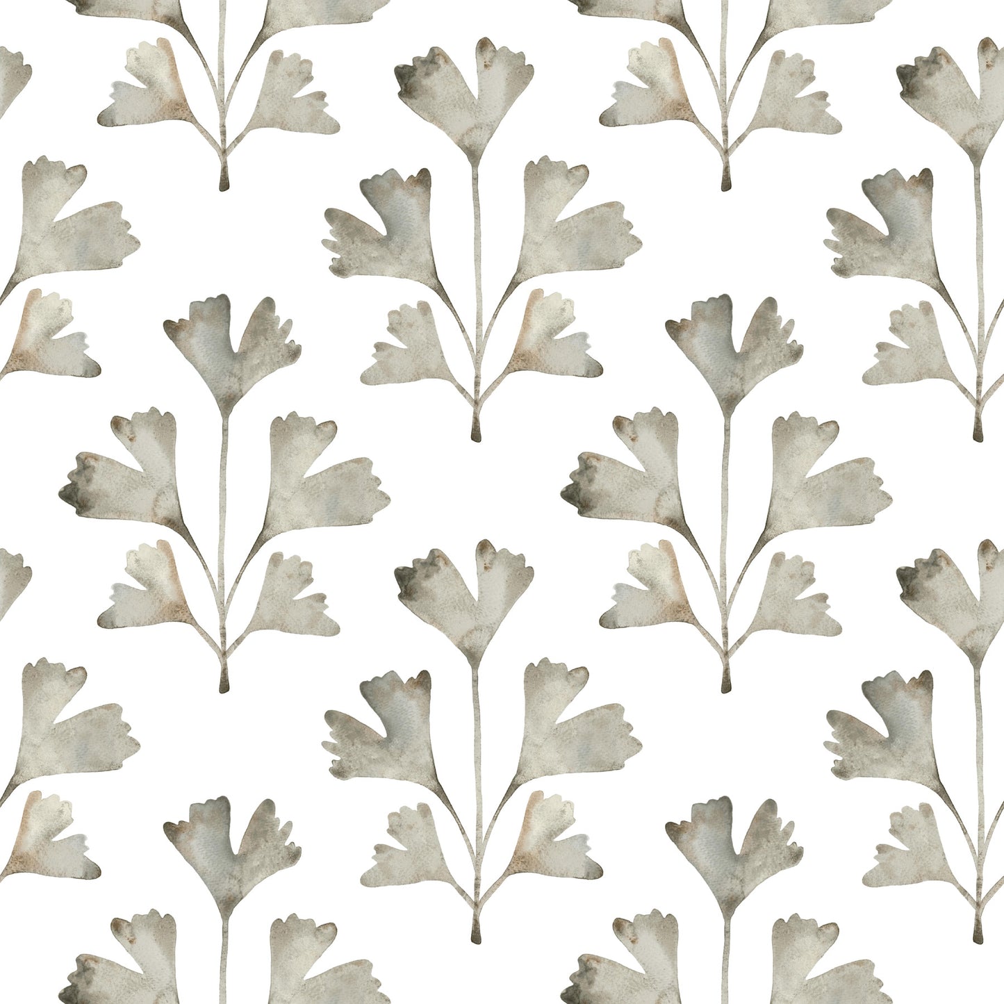 Watercolor gray-green ginkgo leaf pattern on white, repeating wallpaper motif.