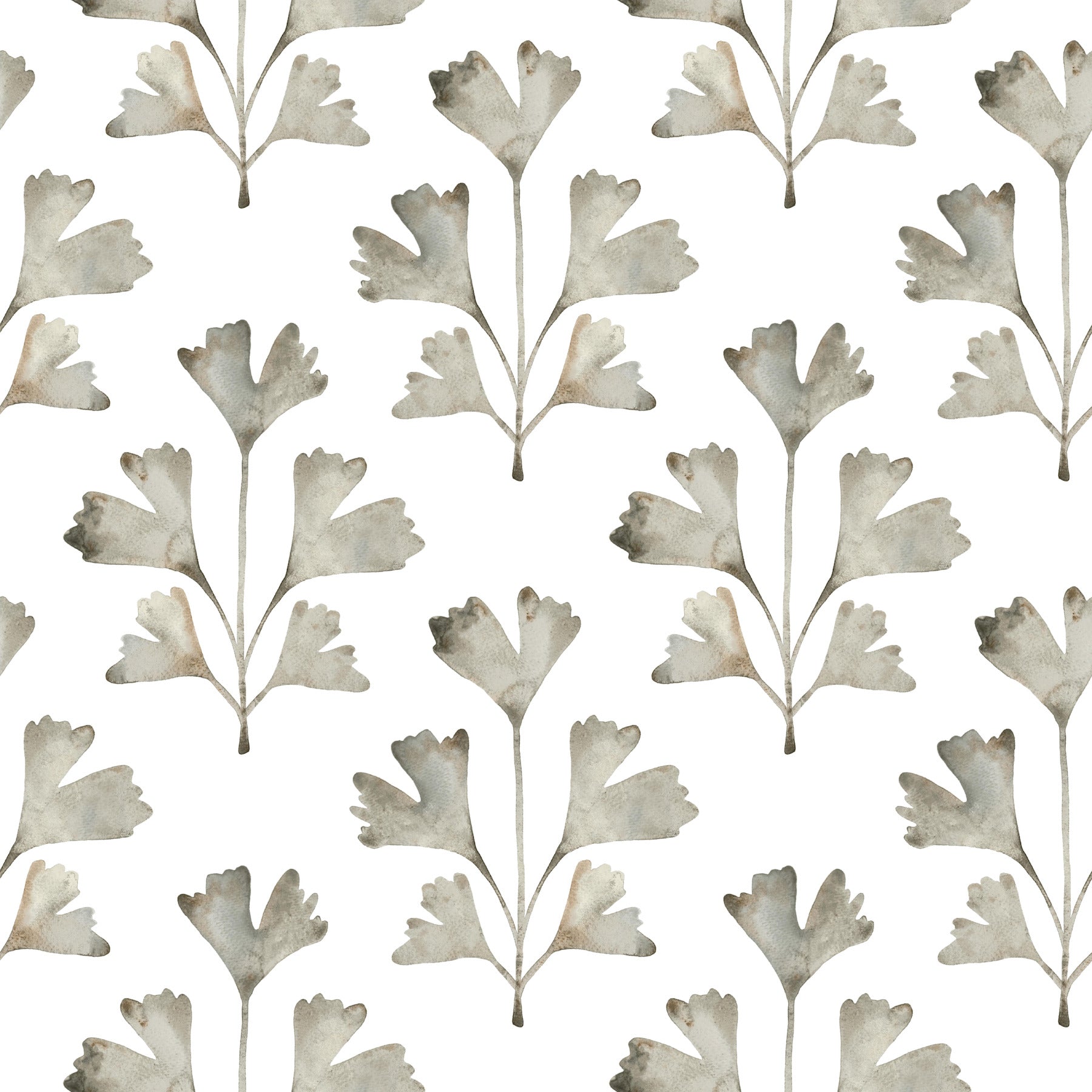 Watercolor gray-green ginkgo leaf pattern on white, repeating wallpaper motif.