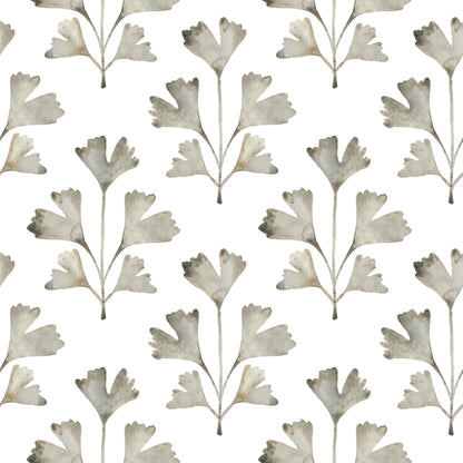 Watercolor gray-green ginkgo leaf pattern on white, repeating wallpaper motif.