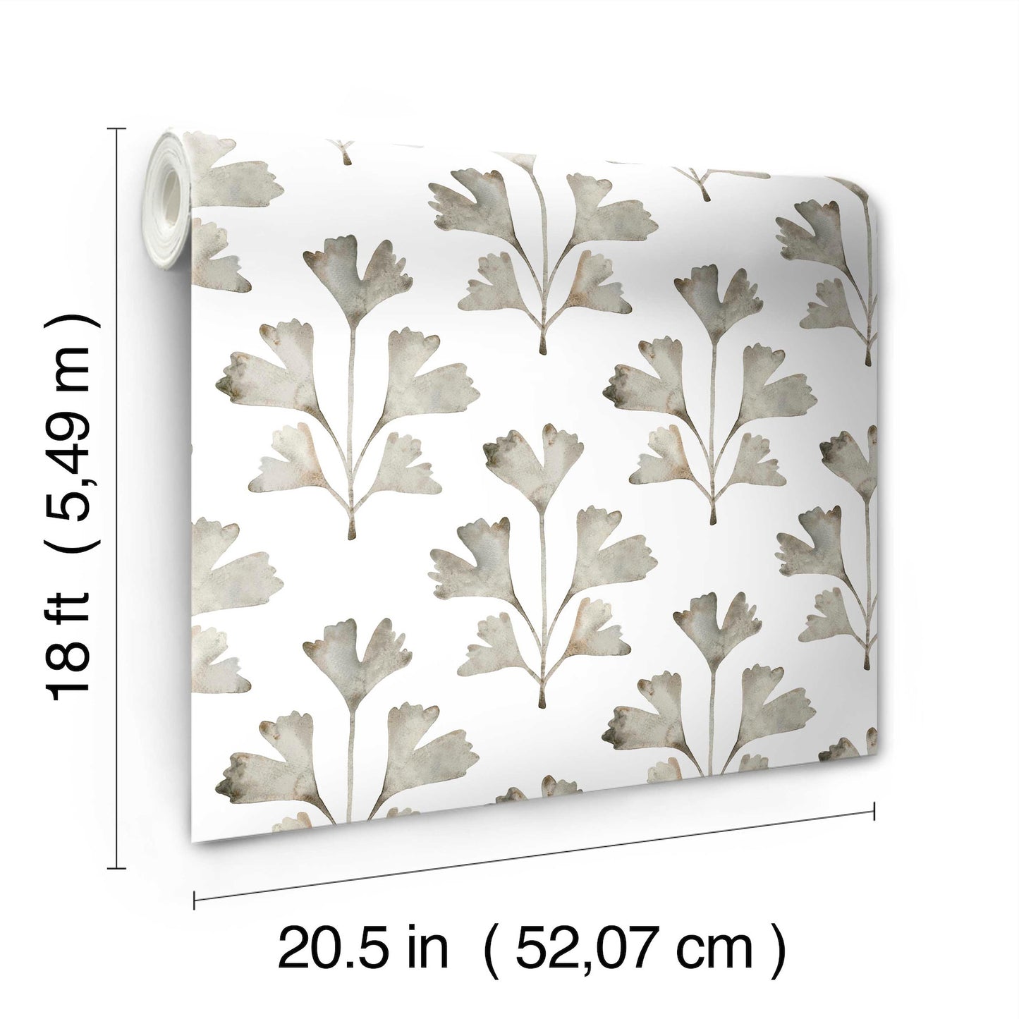 White wallpaper with gray botanical leaf pattern, rolled sheet, 20.5 in wide x 18 ft long.