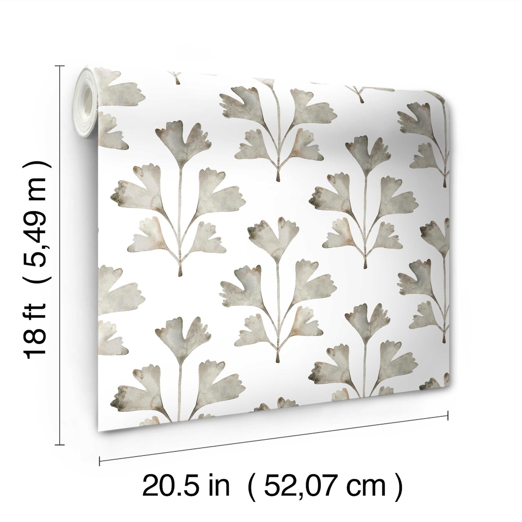 White wallpaper with gray botanical leaf pattern, rolled sheet, 20.5 in wide x 18 ft long.