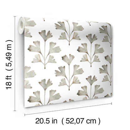 White wallpaper with gray botanical leaf pattern, rolled sheet, 20.5 in wide x 18 ft long.