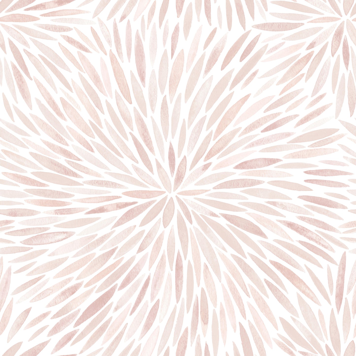 Blush pink watercolor leafburst wallpaper pattern with radiating teardrop shapes from a central point.