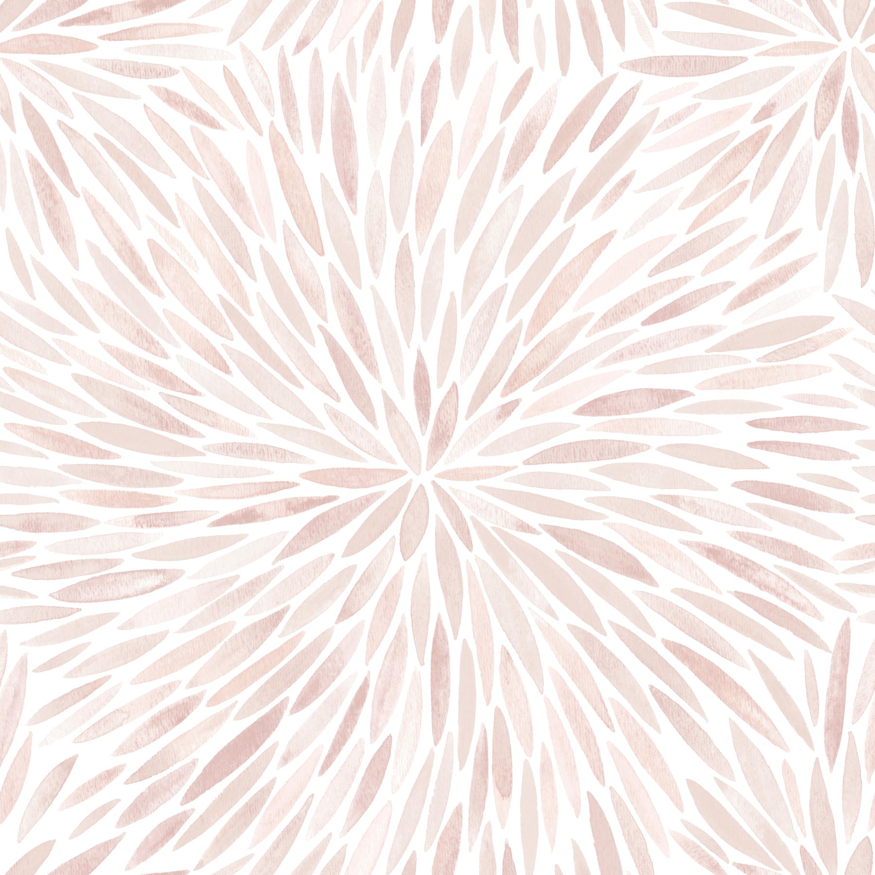 Blush pink watercolor leafburst wallpaper pattern with radiating teardrop shapes from a central point.