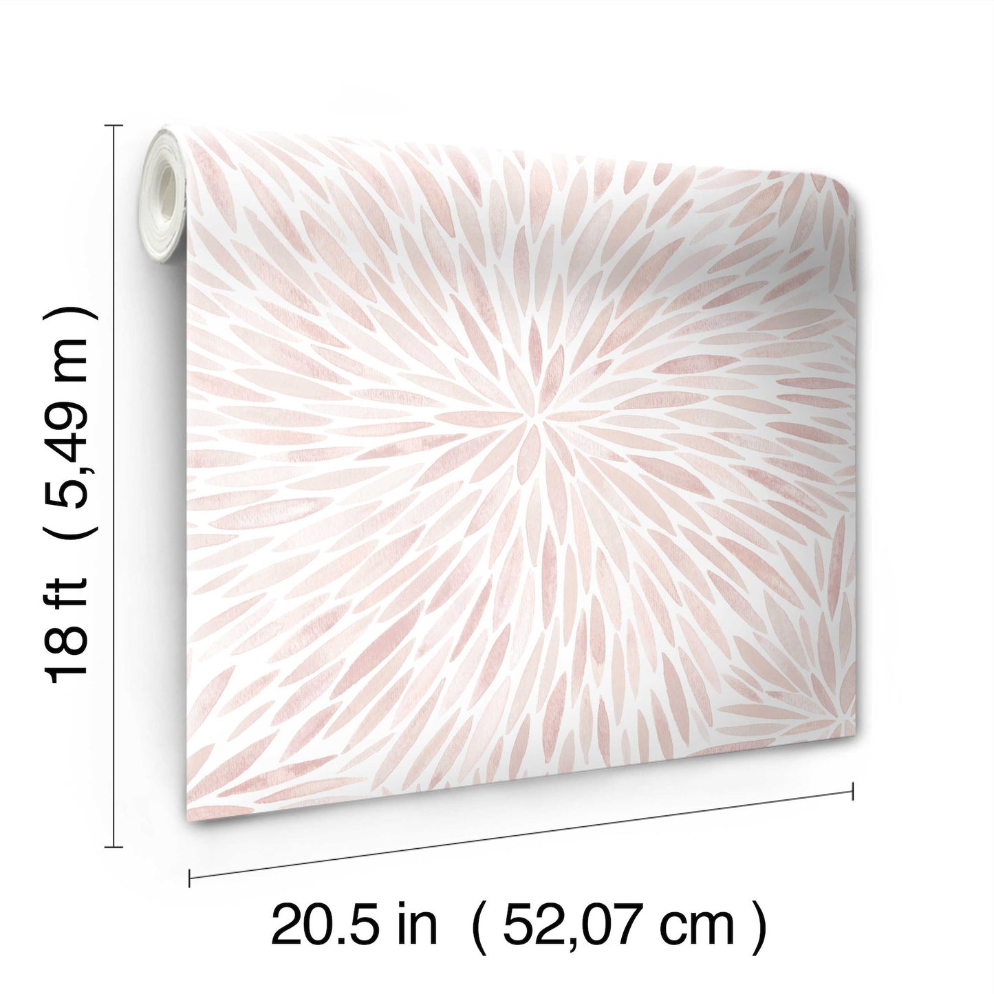 Wallpaper roll with soft pink radial leaf pattern; peach-tinted petals in a spiral, 18 ft long by 20.5 in wide