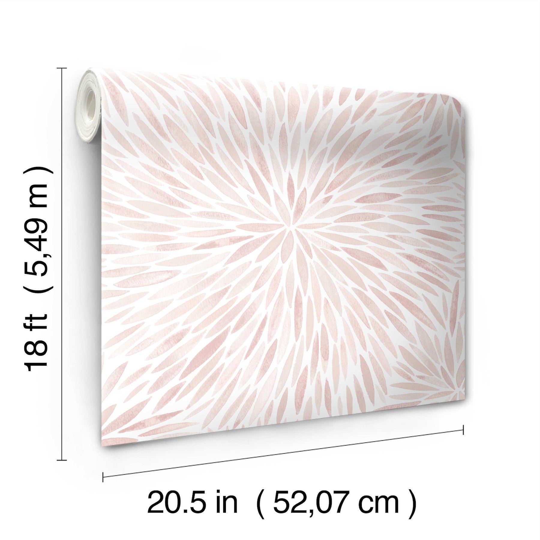 Wallpaper roll with soft pink radial leaf pattern; peach-tinted petals in a spiral, 18 ft long by 20.5 in wide