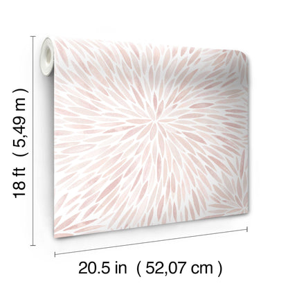 Wallpaper roll with soft pink radial leaf pattern; peach-tinted petals in a spiral, 18 ft long by 20.5 in wide