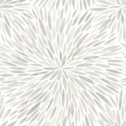 Beige-gray radial leafburst pattern with elongated petals; abstract sunburst design on wallpaper.