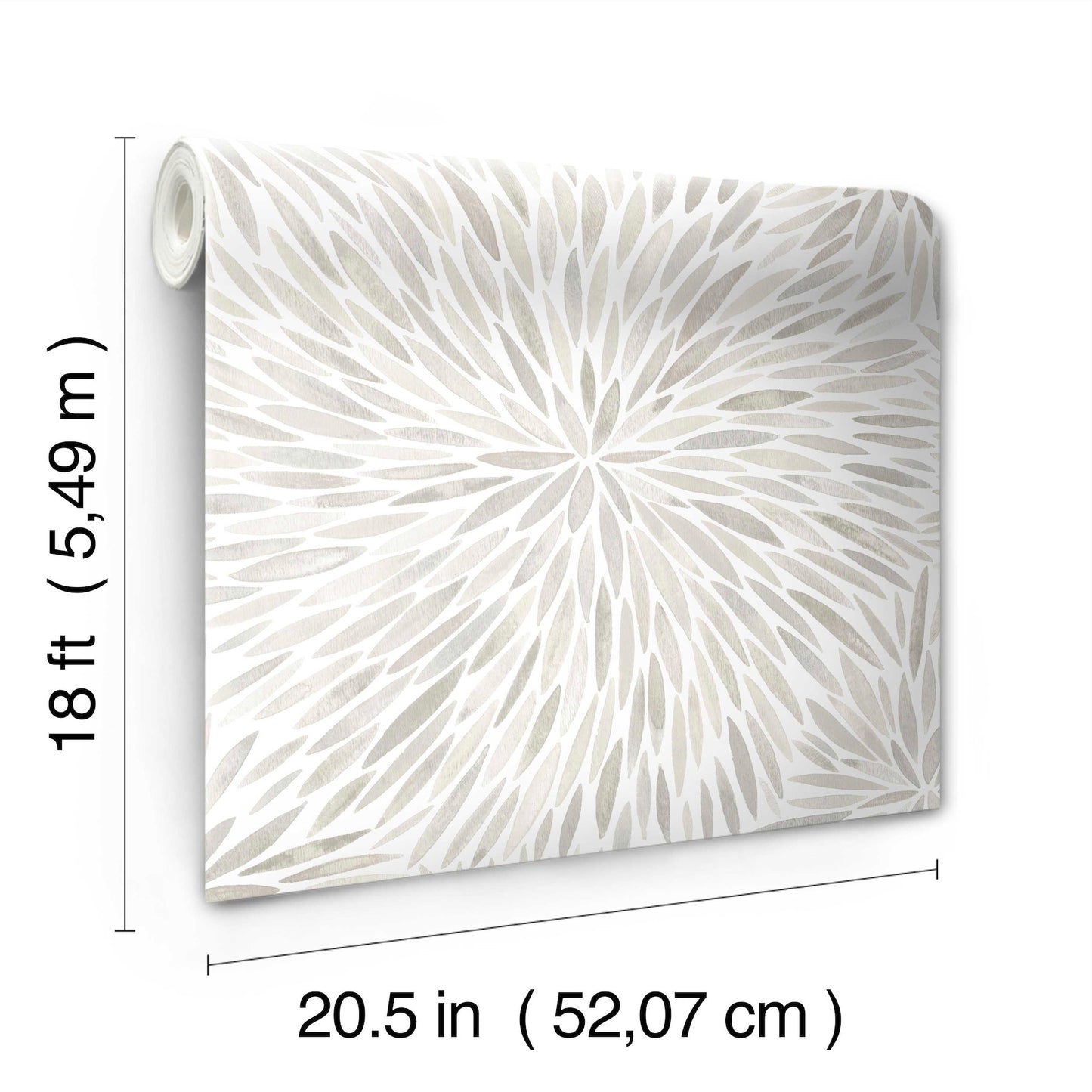 Wallpaper roll with neutral beige radiating leafburst pattern on white; 20.5 in x 18 ft.