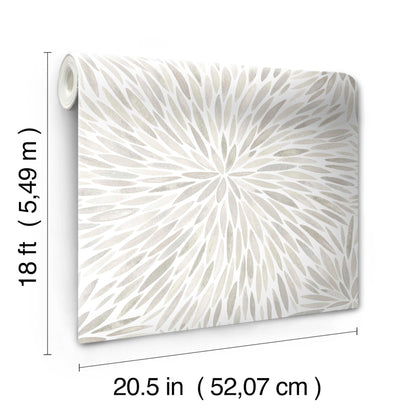 Wallpaper roll with neutral beige radiating leafburst pattern on white; 20.5 in x 18 ft.