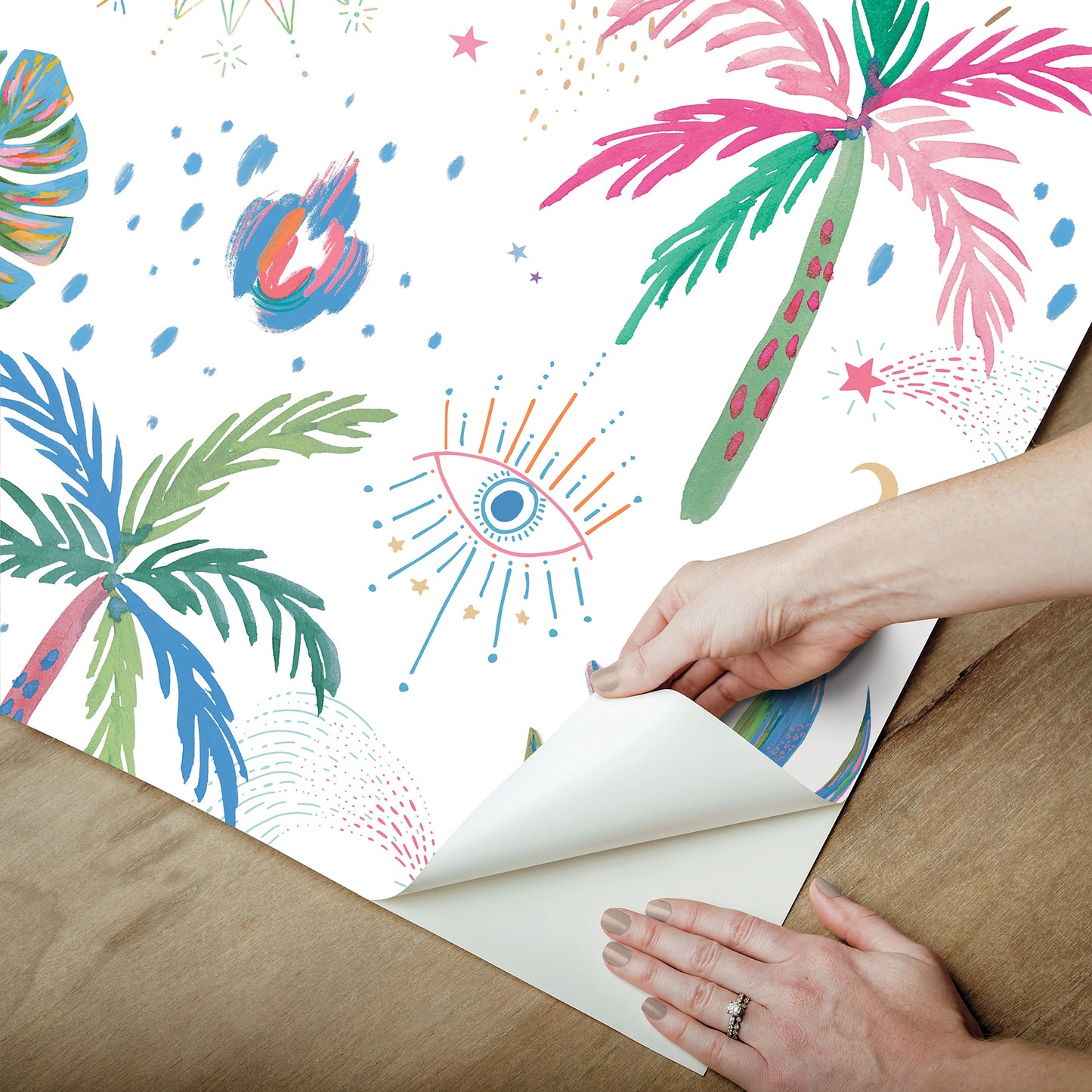 York Wallcoverings RoomMates Nuit Tropicale White Multi Peel and Stick Wallpaper Bohemian Graphics Whites and Off-Whites  Wallpaper - RMK12703PLW