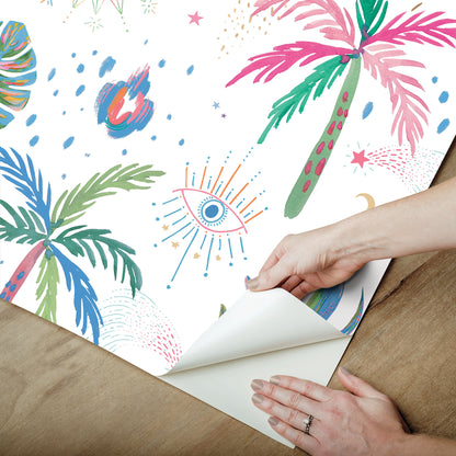 York Wallcoverings RoomMates Nuit Tropicale White Multi Peel and Stick Wallpaper Bohemian Graphics Whites and Off-Whites  Wallpaper - RMK12703PLW