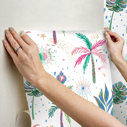 York Wallcoverings RoomMates Nuit Tropicale White Multi Peel and Stick Wallpaper Bohemian Graphics Whites and Off-Whites  Wallpaper - RMK12703PLW