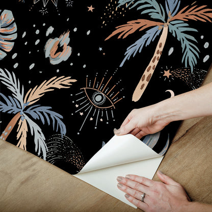 York Wallcoverings RoomMates Nuit Tropicale Black Peel and Stick Wallpaper Bohemian Graphics Blacks  Wallpaper - RMK12704PLW