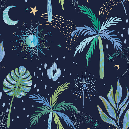 York Wallcoverings RoomMates Nuit Tropicale Blue Peel and Stick Wallpaper Bohemian Graphics Blues  Wallpaper - RMK12705PLW