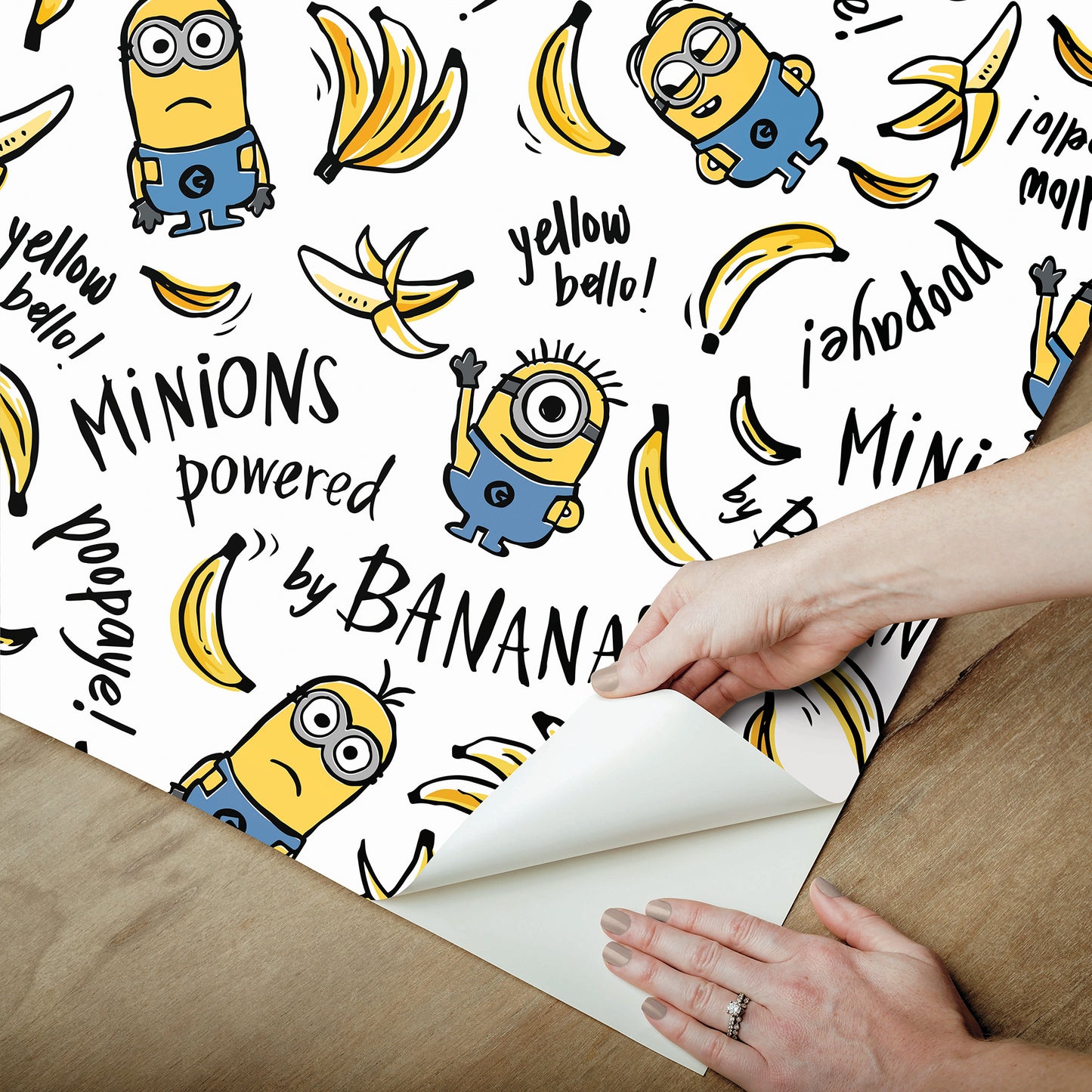 York Wallcoverings RoomMates Minions Powered By Bananas Peel and Stick Wallpaper Kids Graphics Whites and Off-Whites  Wallpaper - RMK12729PLW