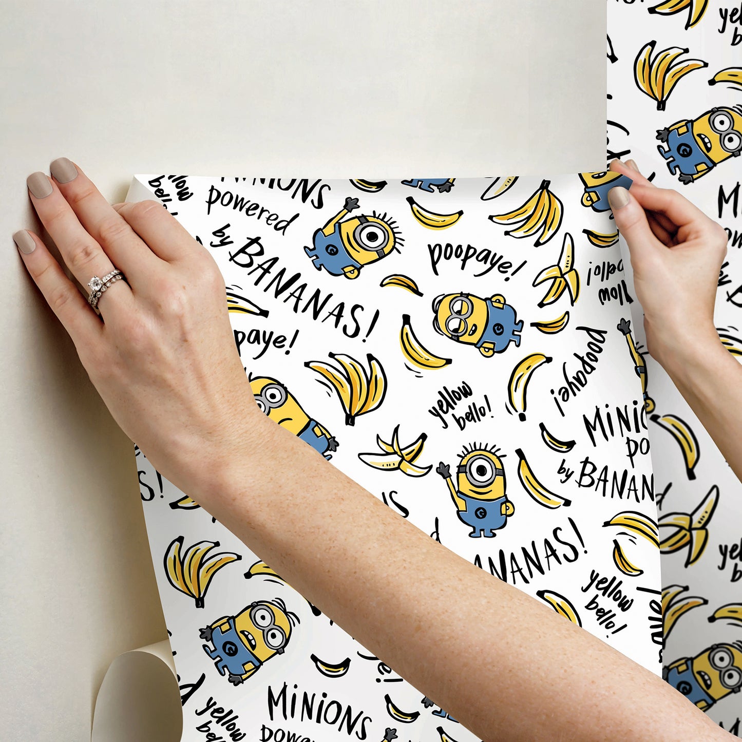 York Wallcoverings RoomMates Minions Powered By Bananas Peel and Stick Wallpaper Kids Graphics Whites and Off-Whites  Wallpaper - RMK12729PLW