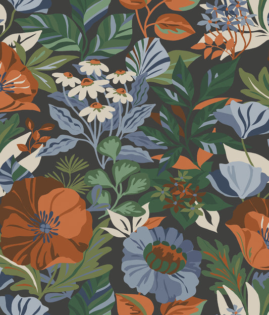 York Wallcoverings RoomMates Poppy Fields Charcoal Peel and Stick Wallpaper Transitional Botanical Greens  Wallpaper - RMK12760PLW