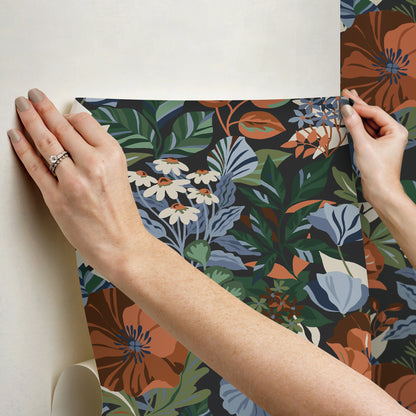 York Wallcoverings RoomMates Poppy Fields Charcoal Peel and Stick Wallpaper Transitional Botanical Greens  Wallpaper - RMK12760PLW