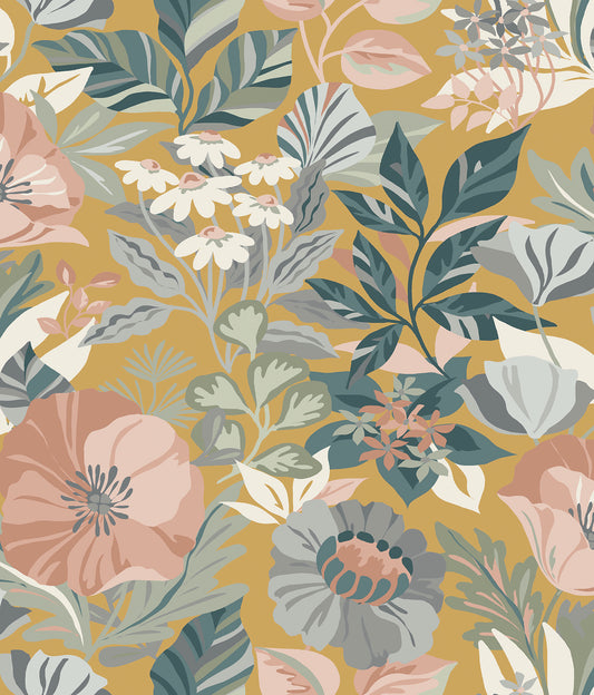 York Wallcoverings RoomMates Poppy Fields Mustard Peel and Stick Wallpaper Transitional Botanical Yellows  Wallpaper - RMK12761PLW