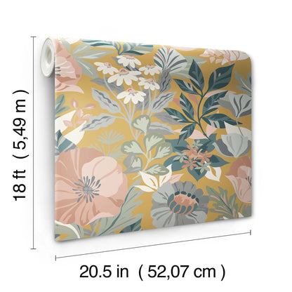 York Wallcoverings RoomMates Poppy Fields Mustard Peel and Stick Wallpaper Transitional Botanical Yellows  Wallpaper - RMK12761PLW