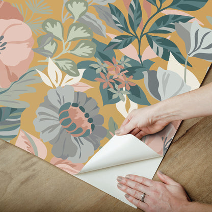 York Wallcoverings RoomMates Poppy Fields Mustard Peel and Stick Wallpaper Transitional Botanical Yellows  Wallpaper - RMK12761PLW