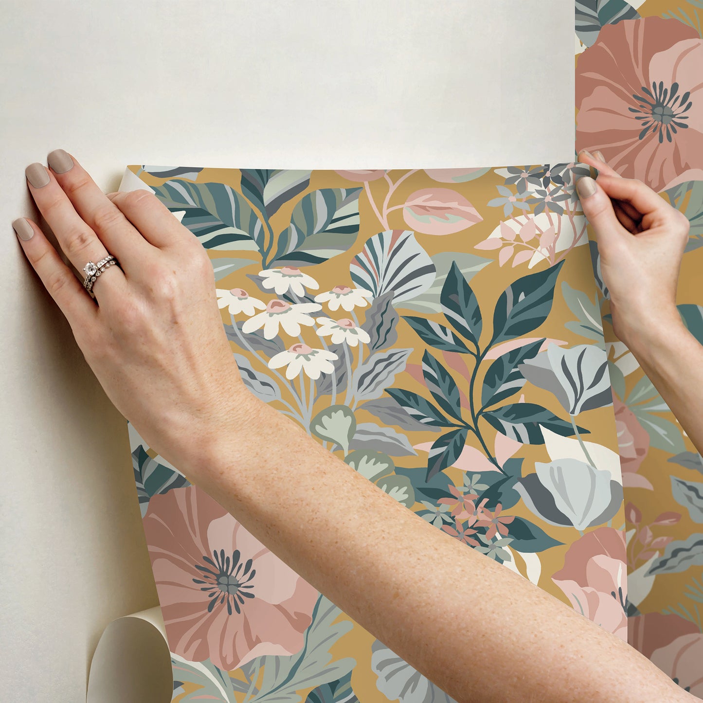 York Wallcoverings RoomMates Poppy Fields Mustard Peel and Stick Wallpaper Transitional Botanical Yellows  Wallpaper - RMK12761PLW